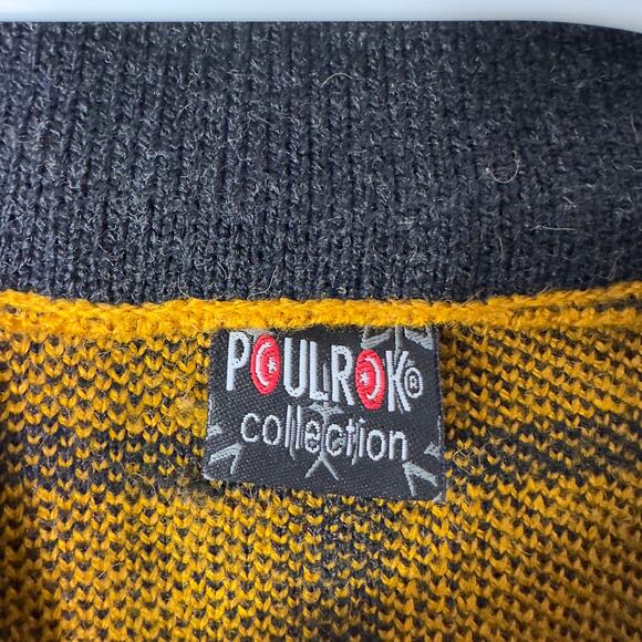 Vintage Poulrok Womens Large Sweater Jacket Knit Full Zip Yellow Black Rose Wool - Picture 3 of 13